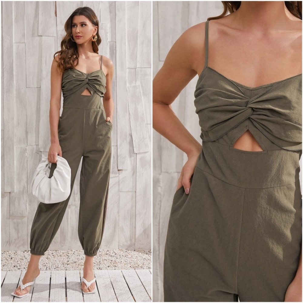 boho olive green cut out cami jumpsuit spring